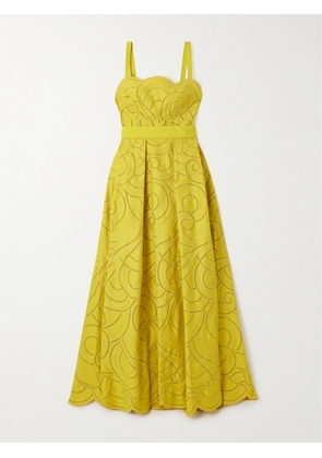 Elie Saab - Belted Pleated Embroidered Cotton-blend Twill Gown - Yellow - FR 34,FR 36,FR 38,FR 40,FR 42,FR 44