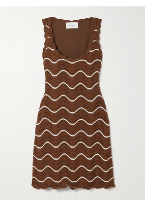 Cara Cara - Orel Scalloped Striped Cotton Mini Dress - Brown - xx small,x small,small,medium,large,x large