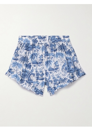 STAUD - Boyana Ruffled Gathered Cotton-voile Shorts - Blue - x small,small,medium,large,x large