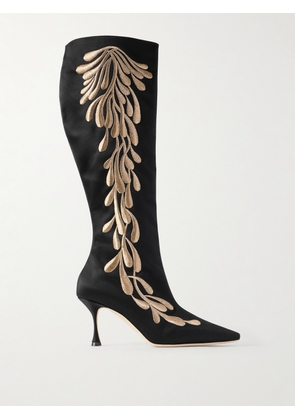 Manolo Blahnik - Menki 70 Embroidered Satin Knee Boots - Black - IT36,IT36.5,IT37,IT37.5,IT38,IT38.5,IT39,IT39.5,IT40,IT40.5,IT41,IT41.5,IT42
