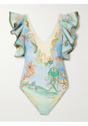 ALÉMAIS - Emerald Cove Ruffled Printed Recycled Swimsuit - Blue - x small,small,medium,large,x large