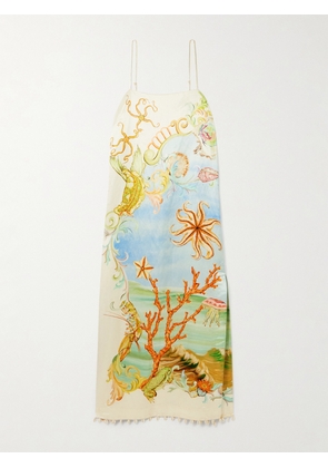 ALÉMAIS - + Sam Pauletto Emerald Cove Embellished Printed Hemp And Silk-blend Midi Dress - Blue - US0,US2,US4,US6,US8,US10,US12