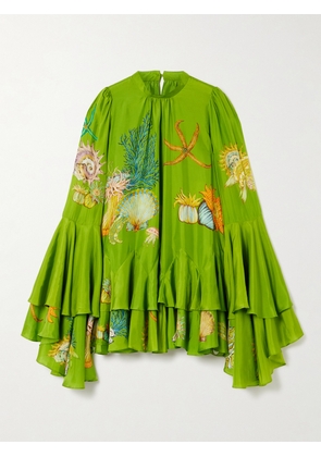 ALÉMAIS - + Sam Pauletto Aquatica Ruffled Tiered Printed Silk-habotai Mini Dress - Green - US0,US2,US4,US6,US8,US10,US12