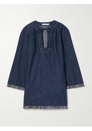 Zimmermann - Rhiannon Tie-detailed Frayed Denim Mini Dress - Blue - 00,1,2,3,4