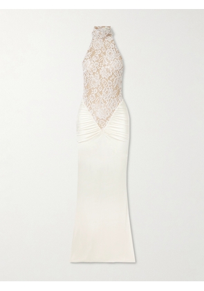The New Arrivals Ilkyaz Ozel - Cass Gathered Lace-trimmed Satin-jersey Halterneck Gown - White - FR 34,FR 36,FR 38,FR 40,FR 42