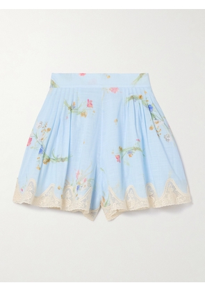 Zimmermann - Lucky Lace-trimmed Pleated Floral-print Cotton-voile Shorts - Blue - 00,0,1,2,3,4