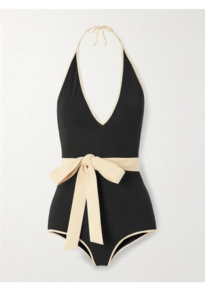 Valentino Garavani - Belted Two-tone Halterneck Swimsuit - Black - x small,small,medium,large,x large