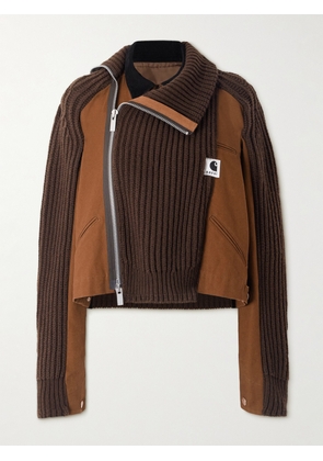 Sacai - + Carhartt Wip Asymmetric Ribbed Wool-blend And Cotton-canvas Cardigan - Brown - 1,2,3,4