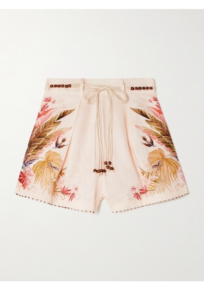 Zimmermann - Ascension Belted Bead-embellished Floral-print Linen Shorts - Cream - 00,0,1,2,3,4