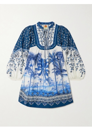 Farm Rio - Palm Tree Beach Printed Linen-blend Mini Dress - Blue - xx small,x small,small,medium,large,x large