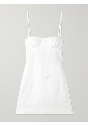 SIR. - Alessandra Gathered Embroidered Linen Mini Dress - White - 00,1,2,3,4