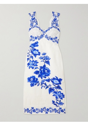 Farm Rio - Cascade Shirred Printed Linen Midi Dress - Blue - xx small,x small,small,medium,large,x large