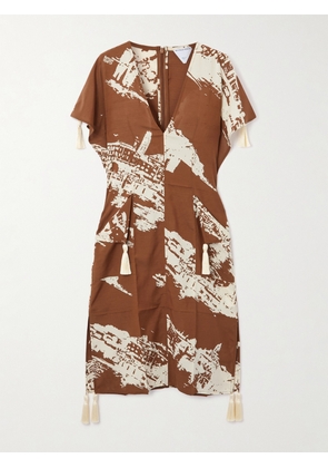 Bottega Veneta - Tasseled Printed Silk And Cotton-blend Shantung Dress - Brown - IT36,IT38