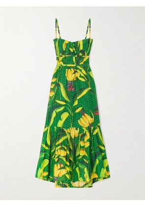 Farm Rio - Banana Aquarela Pleated Printed Swiss-dot Linen Midi Dress - Green - xx small,x small,small,medium,large,x large