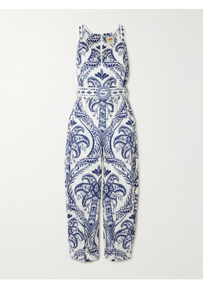 Farm Rio - Belted Printed Linen And Lenzing™ Ecovero™-blend Jumpsuit - Blue - xx small,x small,small,medium,large,x large