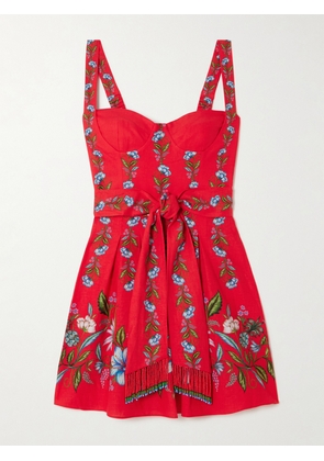 Farm Rio - Sweet Bloom Bouquet Belted Floral-print Linen And Lenzing™ Ecovero™-blend Mini Dress - Red - xx small,x small,small,medium,large,x large