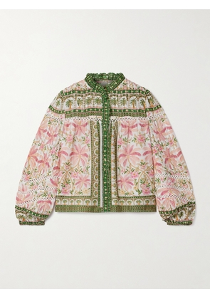 Farm Rio - Crochet-trimmed Pintucked Printed Cotton-voile Blouse - Pink - xx small,x small,small,medium,large,x large