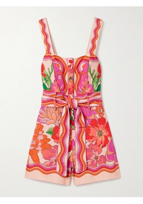 Farm Rio - Belted Printed Linen-blend Playsuit - Pink - xx small,x small,small,medium,large,x large