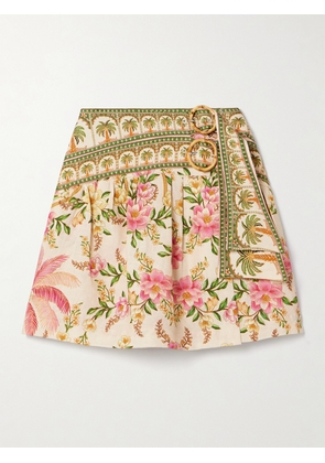Farm Rio - Belted Wrap-effect Pleated Floral-print Linen Mini Skirt - Multi - xx small,x small,small,medium,large,x large
