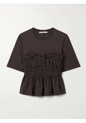 Cecilie Bahnsen - Vilde Ruffled Shirred Cotton-jersey T-shirt - Brown - x small,small,medium,large,x large