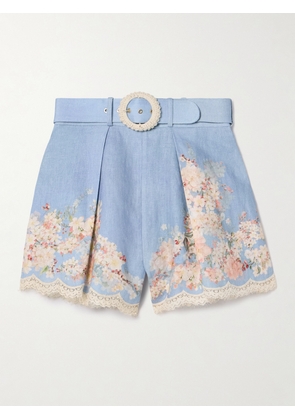 Zimmermann - Cascadian Belted Lace-trimmed Pleated Floral-print Linen Shorts - Blue - 00,1,2,3,4