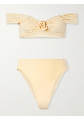 Maygel Coronel - Sauco Off-the-shoulder Appliquéd Ruched Bikini - Yellow - Petite,One Size,Extended