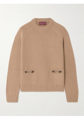 Gucci - Horsebit-embellished Leather-trimmed Wool And Cashmere-blend Sweater - Brown - XXS,XS,S,M,L,XL