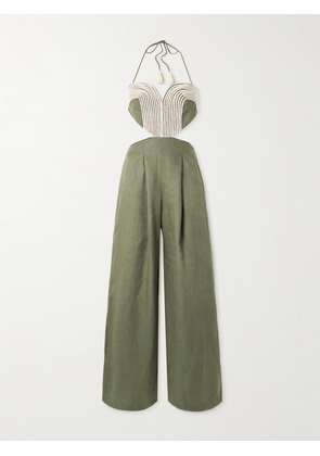 Andres Otalora - Zinnia Cutout Embroidered Linen Jumpsuit - Green - US0,US2,US4,US6,US8,US10,US12