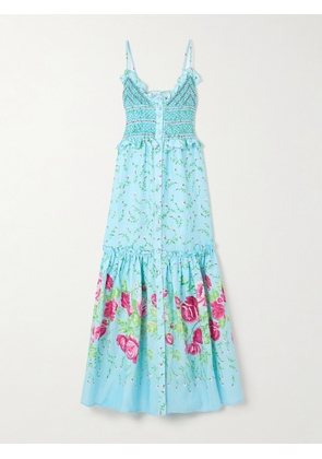 Loretta Caponi - Bianca Embroidered Smocked Ruffled Floral-print Linen Maxi Dress - Blue - x small,small,medium,large,x large