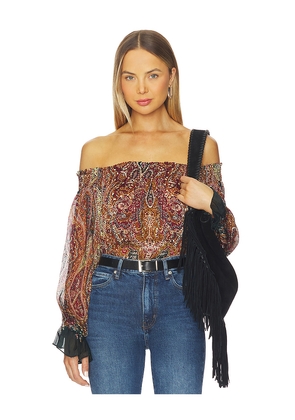 HEMANT AND NANDITA Smocked Detailed Off Shoudler Top in Brown. Size L. Also in M, XL, XS.