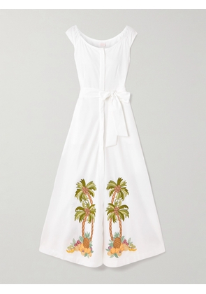 Loretta Caponi - Marzia Belted Embroidered Cotton-twill Maxi Dress - White - x small,small,medium,large,x large
