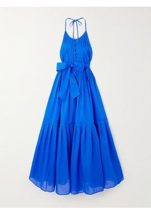 Loretta Caponi - Patmos Belted Tiered Cotton-poplin Halterneck Maxi Dress - Blue - x small,small,medium,large,x large