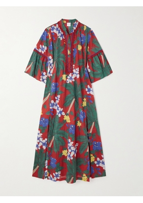 Loretta Caponi - Alicante Lace-trimmed Pintucked Floral-print Cotton Midi Dress - Red - x small,small,medium,large,x large