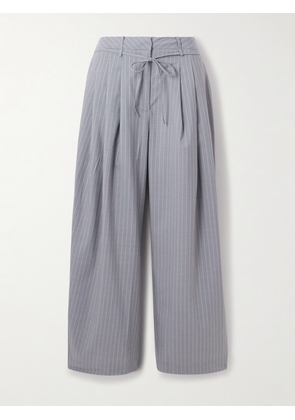 Deiji Studios - Belted Pleated Striped Wool Straight-leg Pants - Gray - xx small,x small,small,medium,large