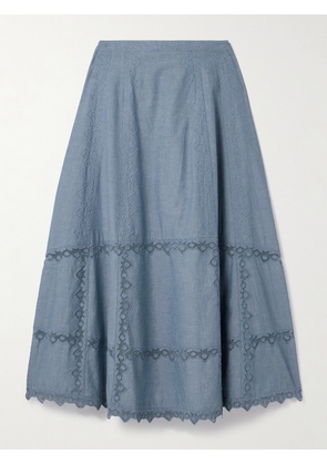 Ulla Johnson - Lucia Embroidered Mesh-trimmed Cotton-chambray Midi Skirt - Blue - US0,US2,US4,US6,US8,US10,US12