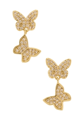 By Adina Eden Pave Double Butterfly Sideway Dangle Stud Earring in Metallic Gold.