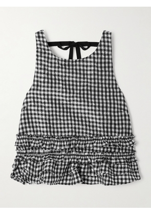 GANNI - Grosgrain-trimmed Ruffled Gingham Crinkled Recycled-taffeta Top - Black - EU 32,EU 34,EU 36,EU 38,EU 40,EU 42