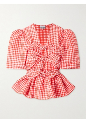 GANNI - Bow-detailed Gingham Crinkled-taffeta Peplum Blouse - Red - EU 32,EU 34,EU 36,EU 38,EU 40,EU 42