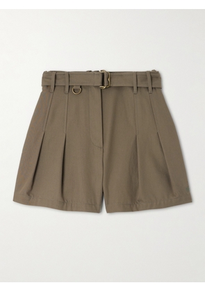Burberry - Belted Embellished Pleated Cotton-gabardine Shorts - Green - UK 4,UK 6,UK 8,UK 10,UK 12,UK 14,UK 16