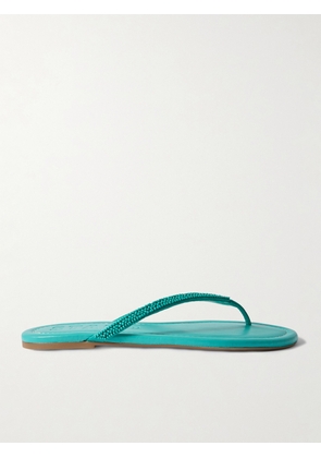 STAUD - Freja Beaded Satin-trimmed Leather Flip Flops - Blue - IT35,IT36,IT36.5,IT37,IT37.5,IT38,IT38.5,IT39,IT39.5,IT40,IT41,IT41.5,IT42