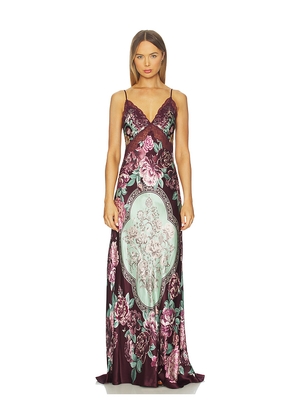 Camilla V Neck Long Bias Slip Dress With Train in Wine. Size M. Also in S, XL, XS.