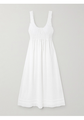 Faithfull - Juliet Bow-embellished Lace-trimmed Shirred Cotton-poplin Midi Dress - White - x small,small,medium,large,x large,xx large