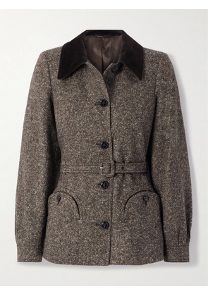 BLAZÉ Milano - Sarissa Belted Velvet-trimmed Tweed Jacket - Gray - 00,1,2,3,4