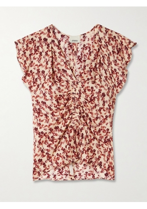 MARANT ÉTOILE - Lonea Ruffled Ruched Printed Jacquard Top - Red - FR 34,FR 36,FR 38,FR 40,FR 42,FR 44
