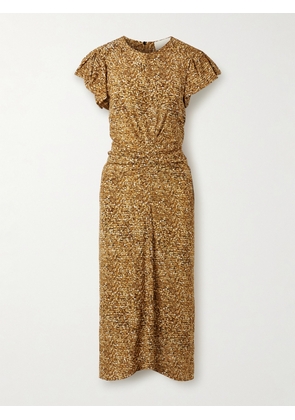 MARANT ÉTOILE - Terena Gathered Printed Stretch-silk Crepe De Chine Midi Dress - Brown - FR 34,FR 36,FR 38,FR 40,FR 42,FR 44