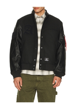 ALPHA INDUSTRIES Letterman Jacket in Black. Size S. Also in XXL/2X.