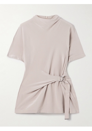 Brunello Cucinelli - Buckle-embellished Draped Silk Crepe De Chine Top - Neutrals - xx small,x small,small,medium,large