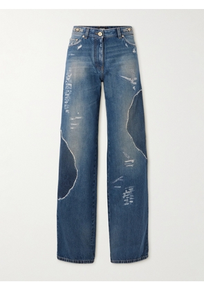Versace - Distressed Patchwork High-rise Wide-leg Jeans - Blue - 24,25,26,27,28,29,30,31,32