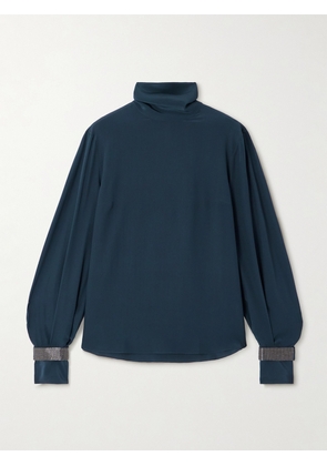 Brunello Cucinelli - Bead-embellished Silk Crepe De Chine Turtleneck Blouse - Blue - xx small,x small,small,medium,large,x large