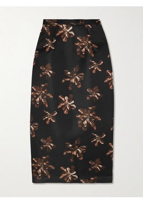 Emilia Wickstead - Lorelei Floral-print Satin Midi Skirt - Black - UK 4,UK 6,UK 8,UK 10,UK 12,UK 14,UK 16,UK 18